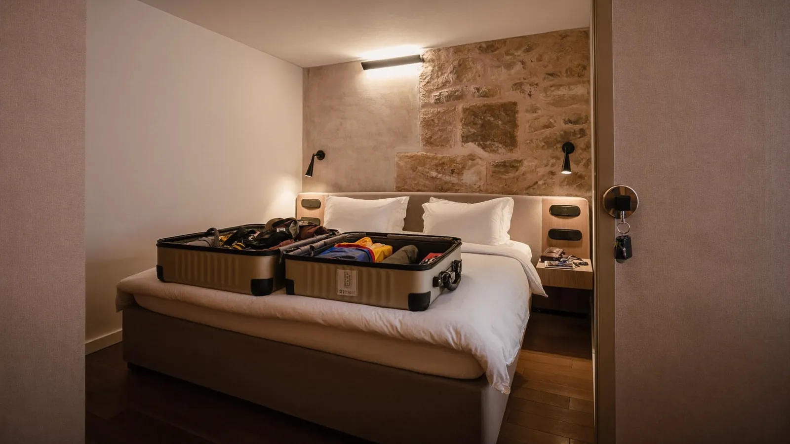 Petit meublé de tourisme lyonnais préparé pour l'arrivée de voyageurs, valise ouverte sur le lit