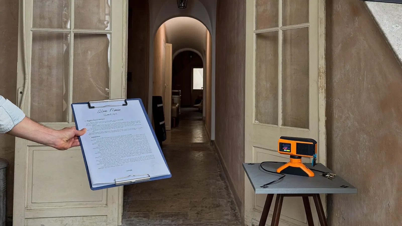 Télémètre laser et clés à l'entrée d'un appartement ancien de Lyon, couloir voûté en arrière-plan