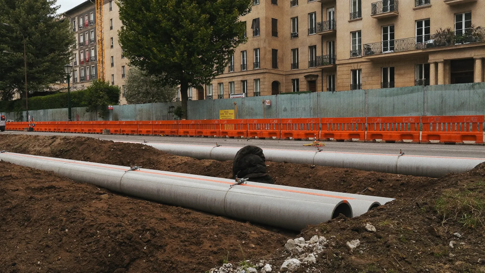 Pose de canalisations calorifugées du réseau de chaleur dans une rue résidentielle lyonnaise