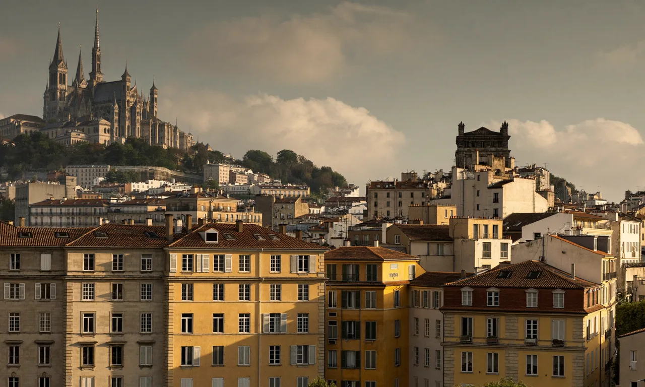 Toits et immeubles de canuts du plateau de la Croix-Rousse à Lyon, sous la lumière du soir